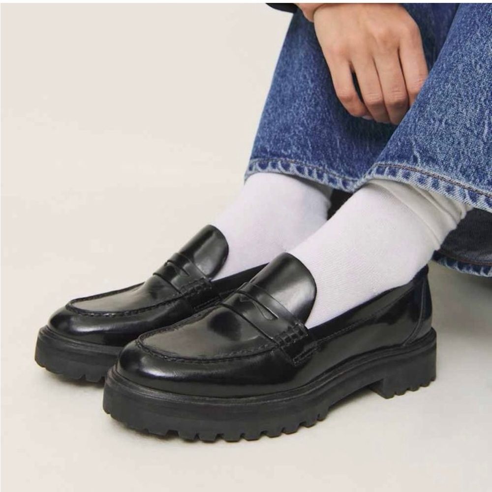 Reformation Black Leather Lug Sole Penny Loafers